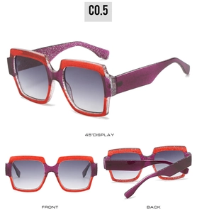Multiple views of square glitter sunglasses with red-purple gradient lenses