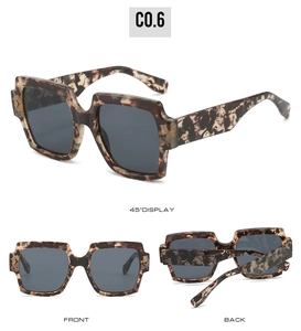 Three-angle views of square tortoise shell sunglasses with dark gray lenses in high detail