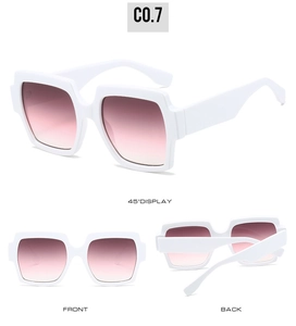Detailed views of white square sunglasses featuring wide temples and gradient pink lenses