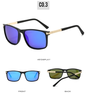 Vue triple de lunettes de soleil polarisées avec monture carrée et verres bleus
