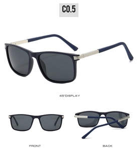 Vues de face, de dos et à 45 degrés de lunettes de soleil carrées polarisées pour hommes