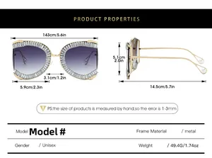 Detailed size chart for oversized metal sunglasses with pearl accents and dimensions