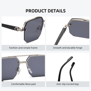 Fashion double-bridge square sunglasses with geometric grey lenses and metal nose pads