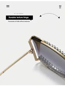 Detail of durable texture metal hinge on sunglasses with crystal inlaid frame