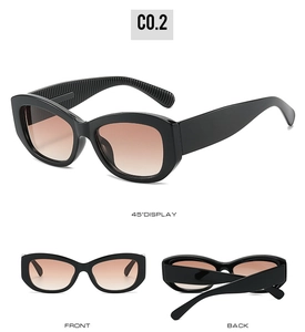 Détail lunettes œil de chat, monture noire, verres dégradés et vues sous trois angles