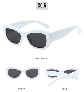 Lunettes de soleil œil-de-chat blanches avec verres foncés vues de face, de dos et à 45 degrés