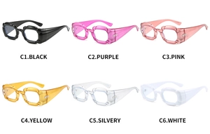 Detailed grid view of chunky rectangle glasses in black, purple, pink, yellow, silver and white