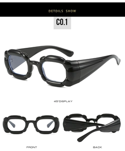 Detailed views of chunky bubble square glasses frame with blue light blocking lenses