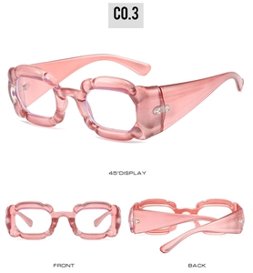 Three-angle view of pink puffy cloud-shaped glasses frame with chunky wave design