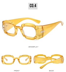 Detailed three-view shots of amber puffy square eyewear frames in vintage fashion style
