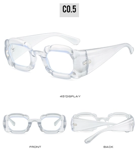 Three-view display of trendy thick-frame square glasses with frosted wavy design