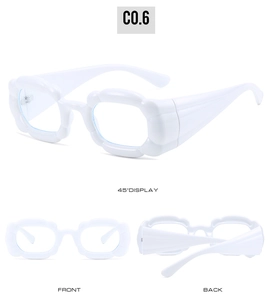 Three-view display of white oversized chunky wave glasses frames showing front and back