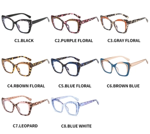 Detailed grid showing 8 color variations of cat-eye TR90 glasses frames for women