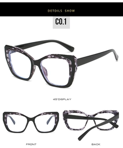 Detailed view of TR90 cat-eye glasses frame with purple floral patterns and nose pads