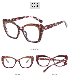 Detailed views of floral TR90 cat-eye eyewear frames with red, pink and white patterns