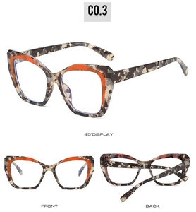 Detailed views of cat-eye TR90 eyeglasses with brown tortoiseshell and orange accents