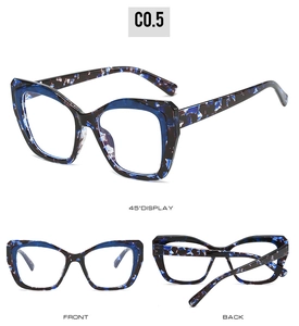 Detailed views of TR90 cat-eye glasses frames featuring blue and black tortoiseshell pattern