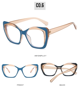 Three views of cat-eye TR90 glasses frames in blue and transparent amber color contrast