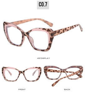 Detailed multi-angle views of cat-eye TR90 leopard print eyewear frames with pink accents