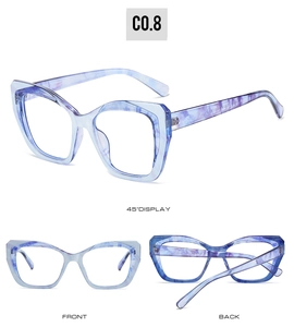 Detail view of TR90 cat-eye glasses frame with blue-purple marbled texture in three angles