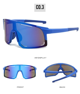 Trois vues de lunettes de cyclisme bleues avec verres miroir et monture mate