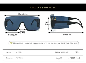 Size chart for oversized PC sunglasses showing frame width and lens height dimensions