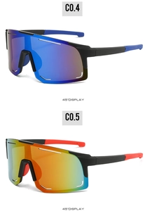 Vue à 45 degrés de lunettes de sport cyclisme avec verres dégradés bleus et orange-rouge