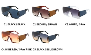 Flat lay view of five oversized shield sunglasses in various colors from C1 to C5