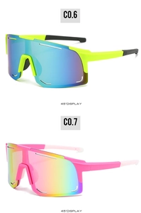 Vue détaillée de lunettes de cyclisme aux montures jaune fluo et rose vif de 45 deg