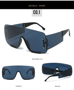 Detailed views of dark blue one-piece oversized sunglasses with silver metal rivets