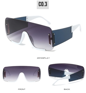 Detailed views of oversized rimless gradient sunglasses with white frame accents