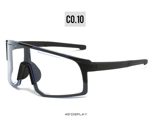 Vue latérale à 45 degrés de lunettes de vélo noir mat avec verres bleu clair