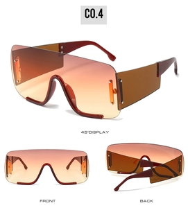 Detailed multi-angle views of oversized shield sunglasses with orange gradient lenses