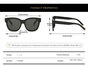 Detailed technical diagram showing dimensions and weights of oval retro sunglasses