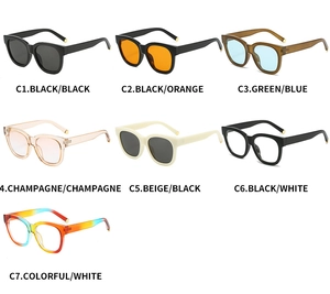 Matrix display of oval sunglasses in seven trendy color variants with gold dot details