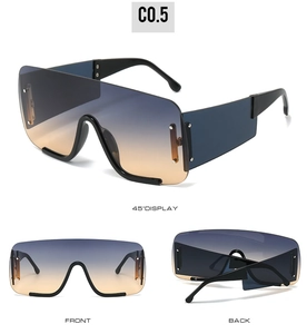 Front and back views of oversized wrap-around sunglasses with blue-orange gradient lenses