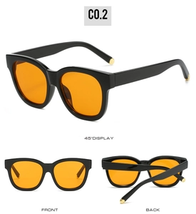 Three views of retro oval sunglasses with black frames, orange lenses and gold temple dots