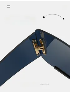 Macro view of durable golden metal hinges on oversized rimless sunglasses