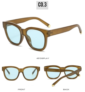 Three-way view of retro oval sunglasses with brown frames and light blue lenses