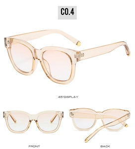 Three-angle view of oval cat-eye sunglasses with tea resin frames and pink gradient lenses