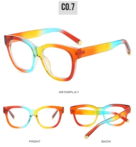 Detailed views of oval sunglasses featuring rainbow gradient frames and golden metal tips
