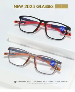 Blue light blocking reading glasses in black-red and grey frames on a white platform
