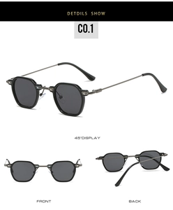 Three views showing front, back, and 45-degree angle of black hexagonal punk sunglasses
