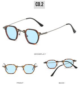 Detailed views of vintage hexagonal sunglasses with tortoiseshell frames and blue lenses