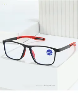 Detail of red and black TR90 reading glasses +1.00 strength with blue light blocking lenses