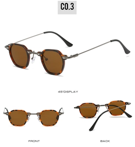 Detail view of vintage tortoise shell geometric sunglasses with gold metal arms