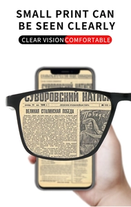 Macro view of blue light blocking reading glasses showing clear vision on phone screen
