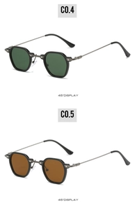 Detailed 45-degree view of retro hexagonal punk sunglasses in dark green and brown lenses