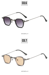 Vertical display of retro narrow-frame sunglasses with purple and orange gradient lenses