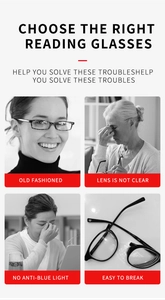 Detail showcasing common issues with old glasses: outdated style, blurry vision, and eye fatigue